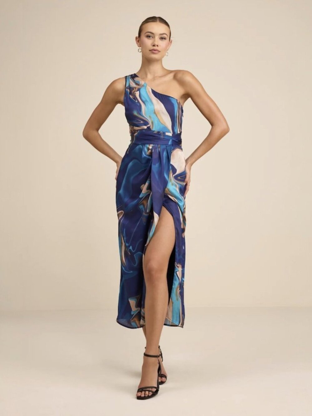 NWT Lulus Rhema Blue Multi Abstract Print Satin Midi Dress